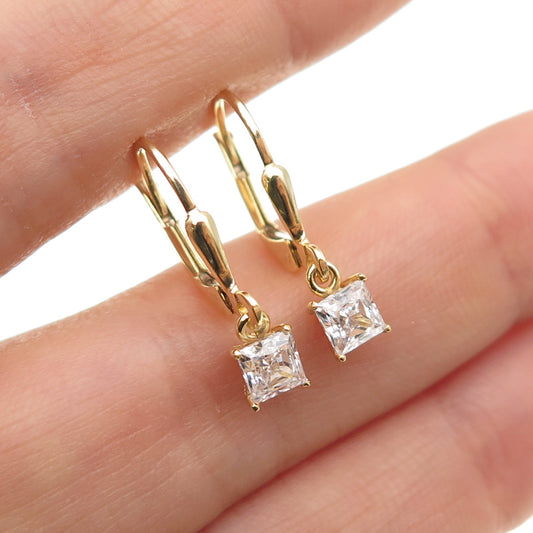925 Sterling Silver Gold Plated Princess-Cut C Z Dangle Earrings