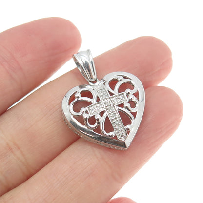 925 Sterling Silver Real Round-Cut Diamond Cross & Preyer Heart Pendant