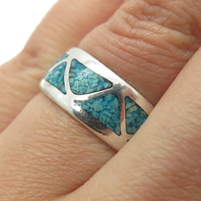 J&F Tsinijinnie Old Pawn Sterling Silver Vintage Turquoise Inlay Ring Size 6.25