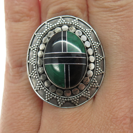 925 Sterling Silver Vintage Real Black Onyx & Malachite Modernist Ring Size 7