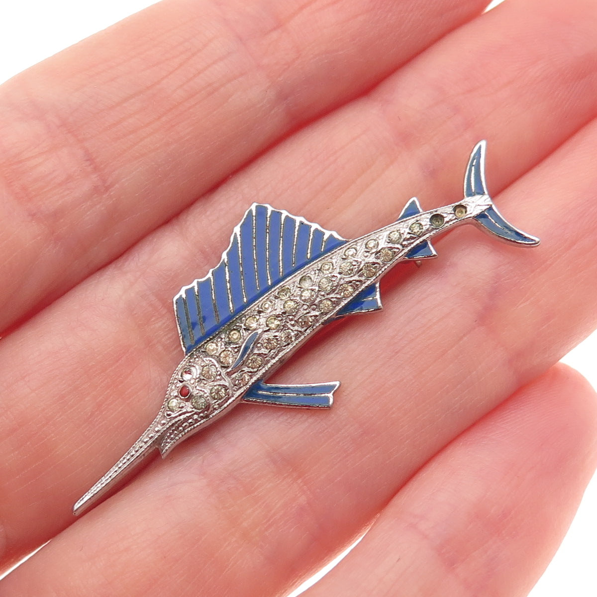 925 Sterling Antique Enamel & Rhinestone Swordfish Pin Brooch (missing 2 stones)