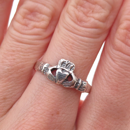 925 Sterling Silver Vintage Irish Claddagh Oxidized Ring Size 9