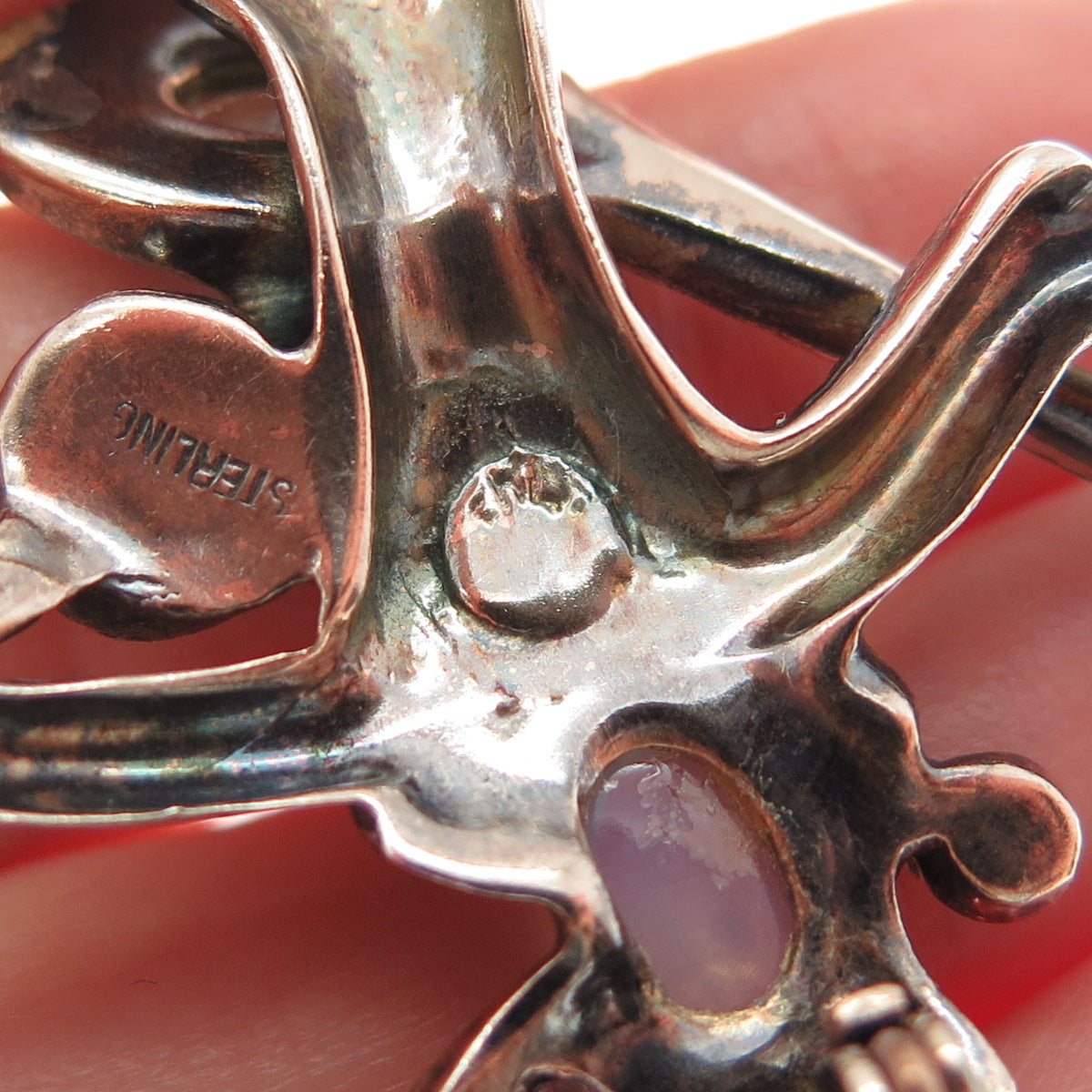 M SLATER Sterling Antique Shell Opalite Harlequin Brooch (missing 9 rhinestones)