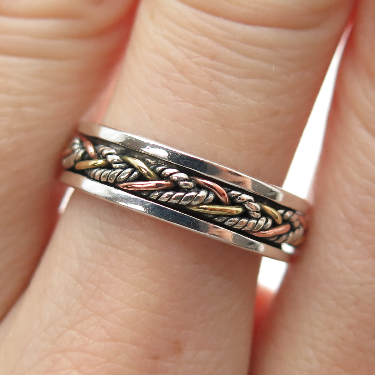 ENERGY STONE 925 Sterling Silver 3-Tone Vintage Braided Spinner Ring Size 7.5