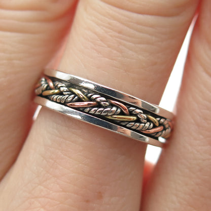 ENERGY STONE 925 Sterling Silver 3-Tone Vintage Braided Spinner Ring Size 7.5