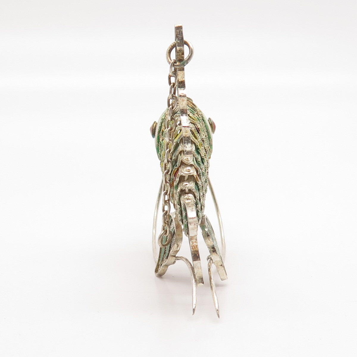 925 Sterling Silver Antique Enamel Chinese Koi Fish Articulated Chatelaine Fob