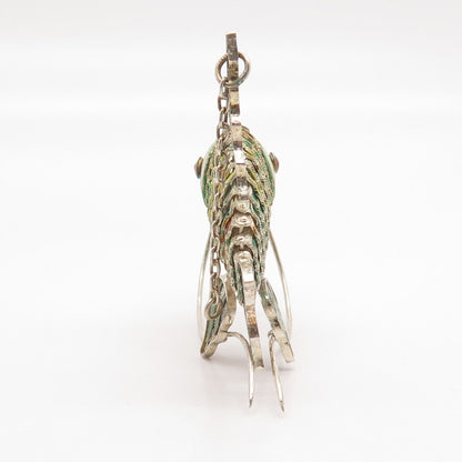 925 Sterling Silver Antique Enamel Chinese Koi Fish Articulated Chatelaine Fob