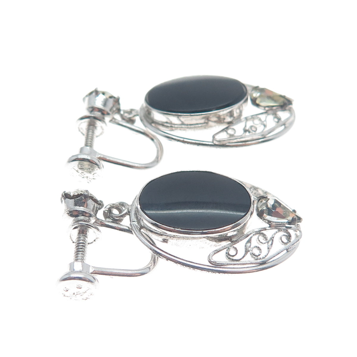 CARL ART 925 Sterling Silver Antique Rhinestone & Black Onyx Screw Back Earrings