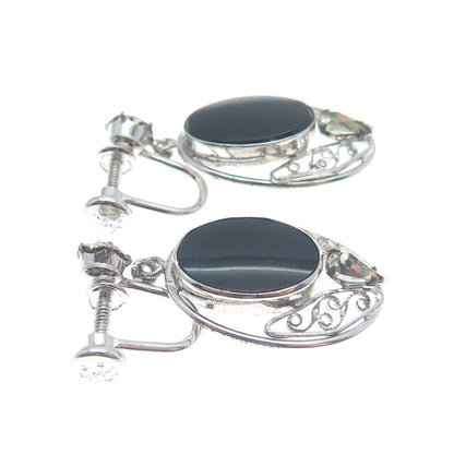 CARL ART 925 Sterling Silver Antique Rhinestone & Black Onyx Screw Back Earrings