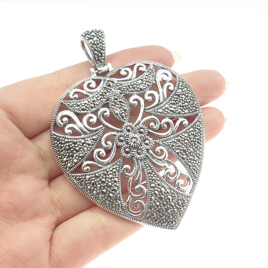 925 Sterling Silver Vintage Real Marcasite Heart Floral Large Pendant