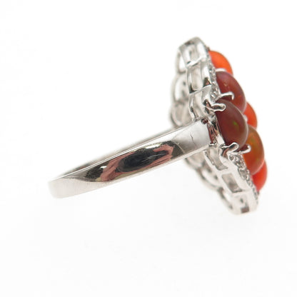925 Sterling Silver Real Fire Opal & White Topaz Cluster Ring Size 8.25