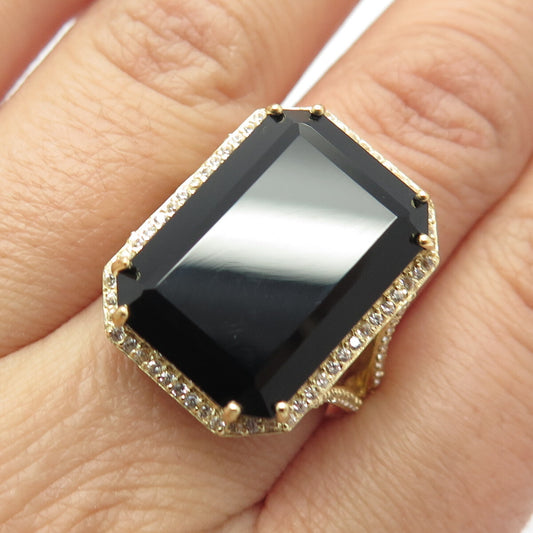 925 Sterling Silver Gold Plated Real Black Spinel Gemstone & C Z Ring Size 7.75