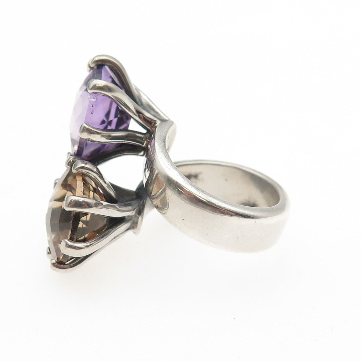 925 Sterling Silver Vintage Real Smoky Quartz & Amethyst Bypass Ring Size 5.75