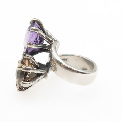 925 Sterling Silver Vintage Real Smoky Quartz & Amethyst Bypass Ring Size 5.75