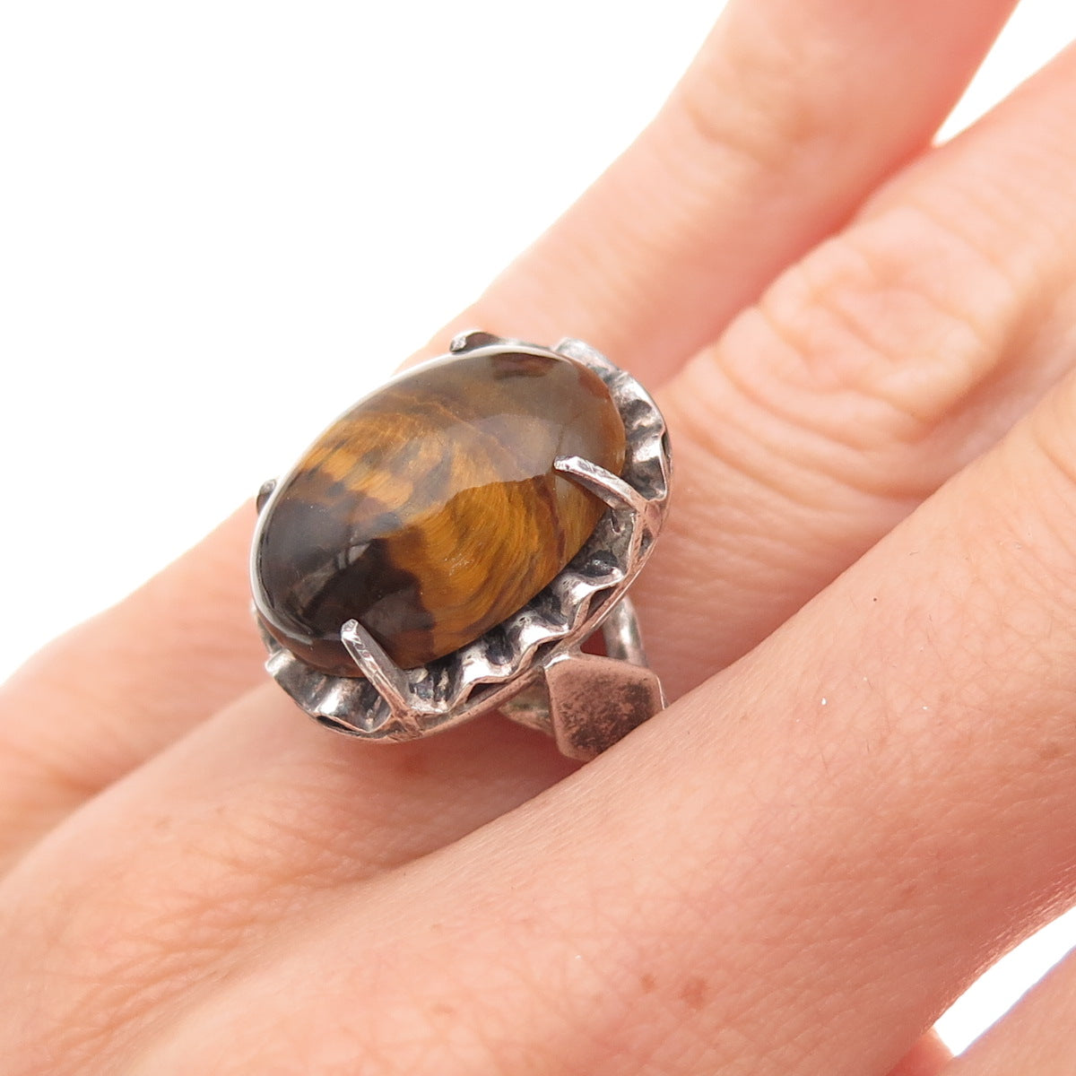 925 Sterling Silver Vintage Real Tiger Eye Modernist Oxidized Ring Size 6