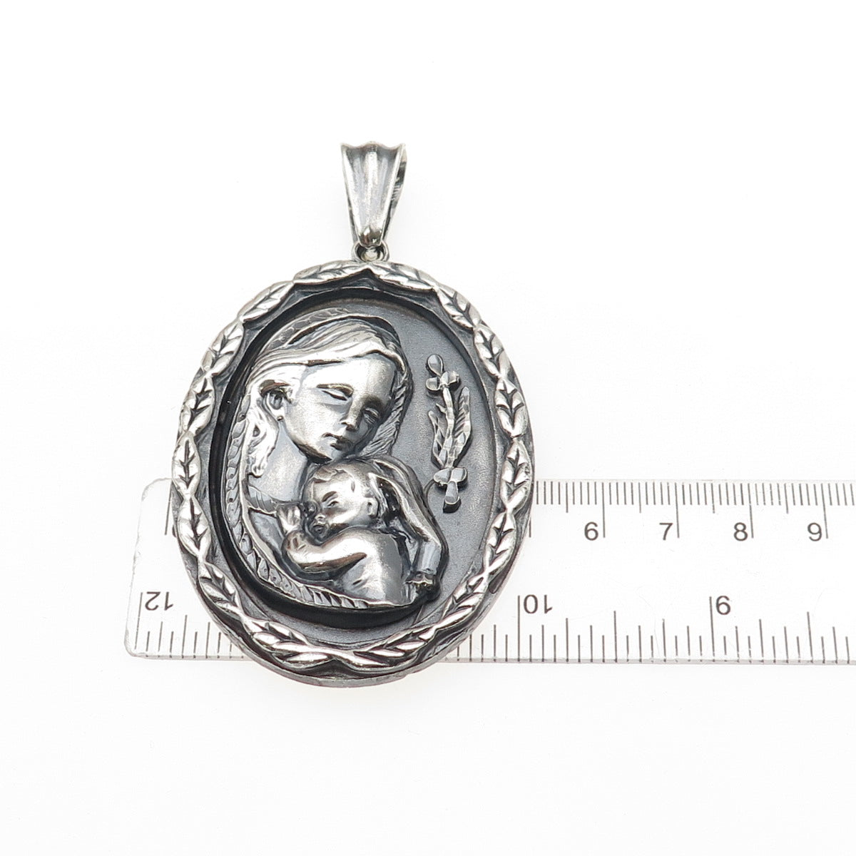 925 Sterling Silver Vintage St. Mary & Baby Jesus Oxidized Large Medal Pendant