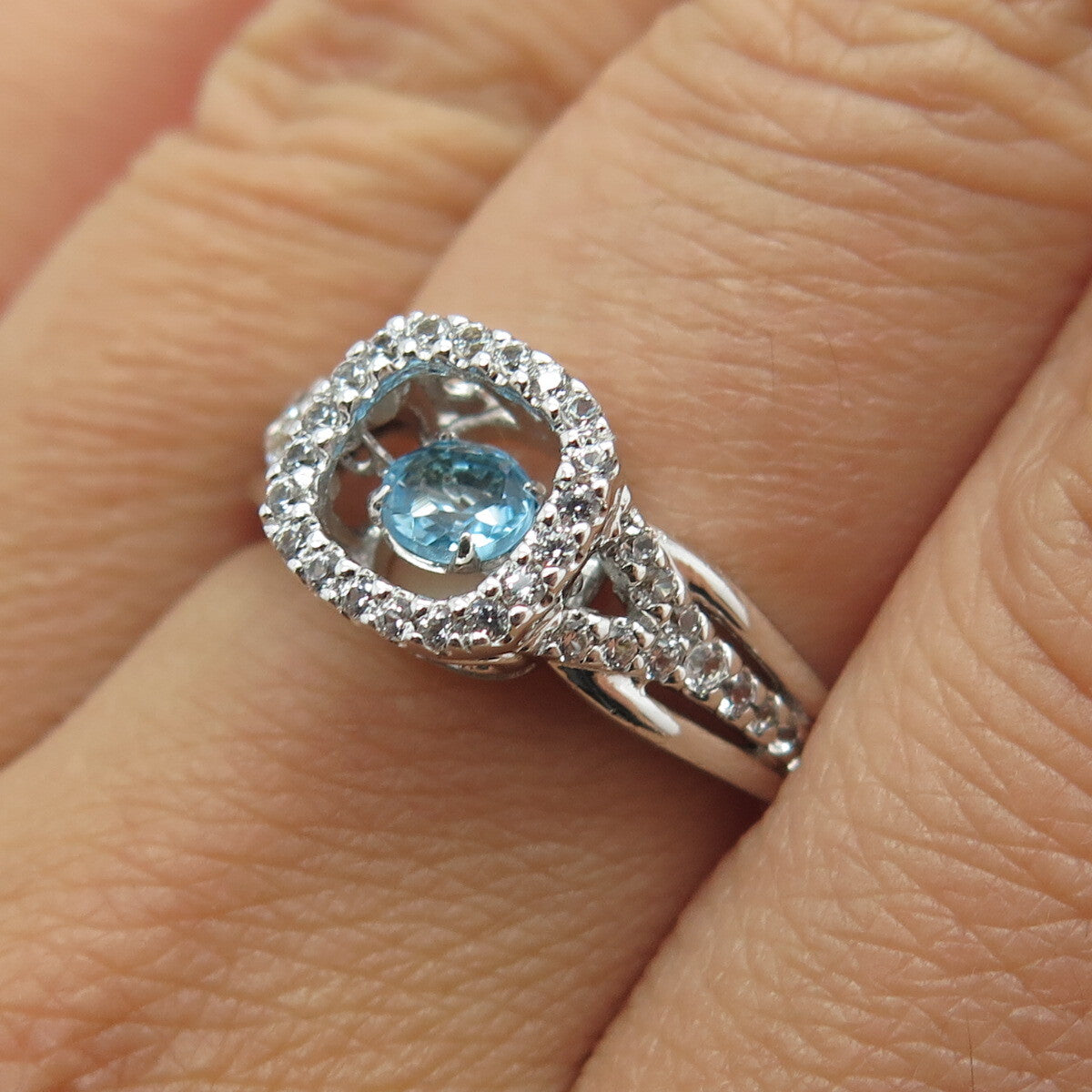 SAI 925 Sterling Silver Real White & Blue Topaz Gemstone Ring Size 7.25
