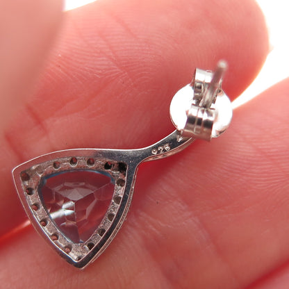 925 Sterling Silver Real Triangle-Cut Blue Topaz & Round-Cut C Z Earrings
