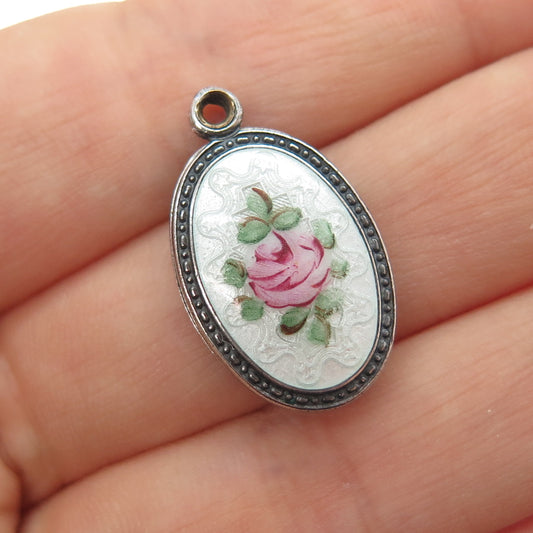 925 Sterling Silver Antique Enamel Rose Flower St. Mary Jesus Mini Slide Pendant