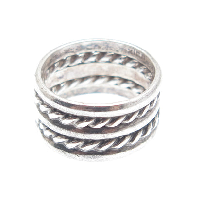 925 Sterling Silver Vintage Mexico Multi-Row Roped Oxidized Band Ring Size 6.25