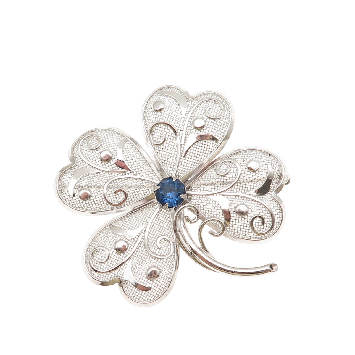 Bond Boyd 925 Sterling Silver Vintage Blue Rhinestone Clover Pin Brooch