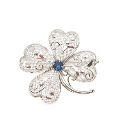 Bond Boyd 925 Sterling Silver Vintage Blue Rhinestone Clover Pin Brooch