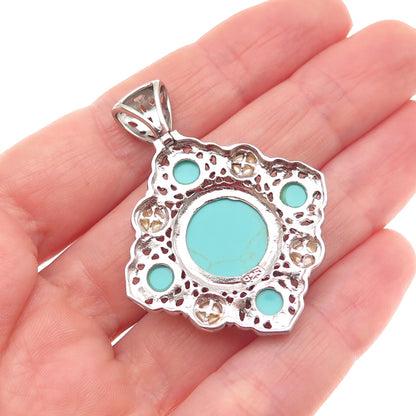 925 Sterling Silver 2-Tone Vintage Real Tyrone Turquoise & Pearl Pendant