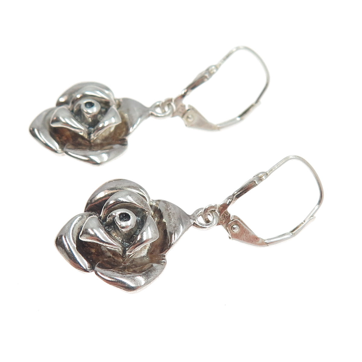 925 Sterling Silver Vintage Rose Flower Oxidized Dangle Earrings