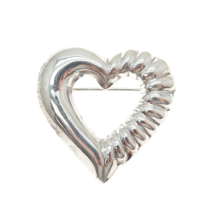 925 Sterling Silver Vintage Modernist Ribbed Heart Pin Brooch