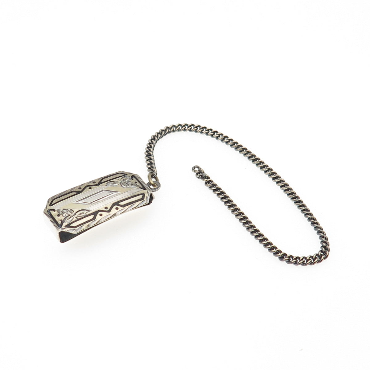 925 Sterling Silver 2-Tone Antique Art Deco Enamel Belt Loop Pocket Watch Chain