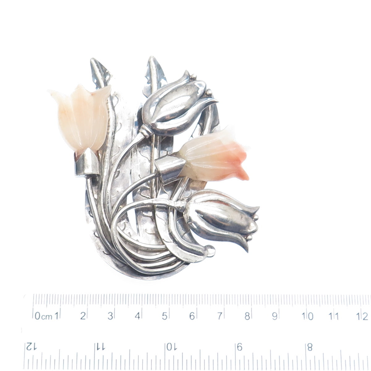 925 Sterling Silver Vintage Mexico Real Carved Agate Tulip Oxidized Pin Brooch