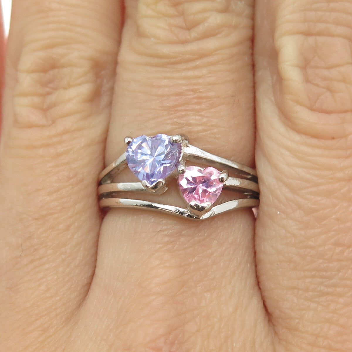 925 Sterling Silver Purple & Pink C Z Heart Ring Size 6.75