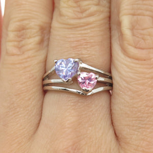 925 Sterling Silver Purple & Pink C Z Heart Ring Size 6.75