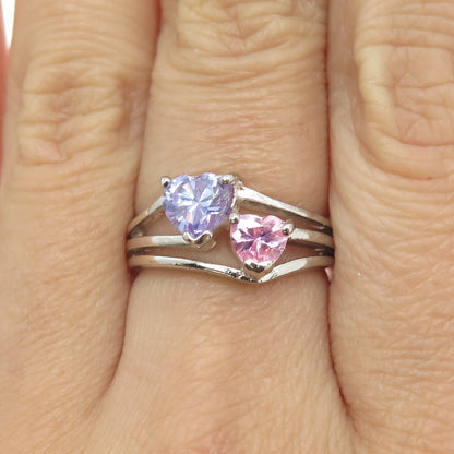 925 Sterling Silver Purple & Pink C Z Heart Ring Size 6.75