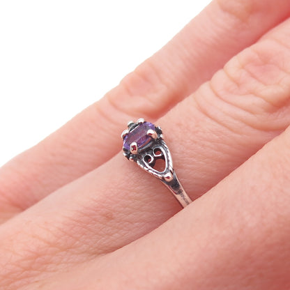925 Sterling Silver Vintage Real Amethyst Heart Oxidized Ring Size 5.75