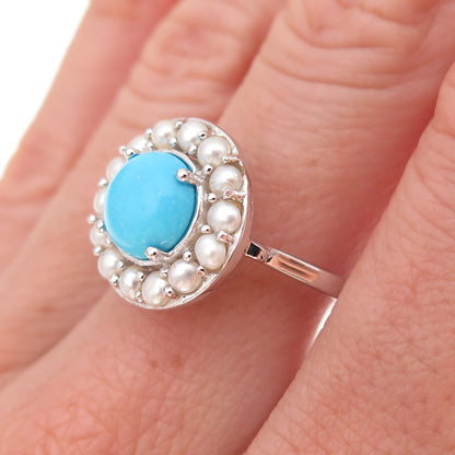 925 Sterling Silver Real Turquoise & Pearl Ring Size 8