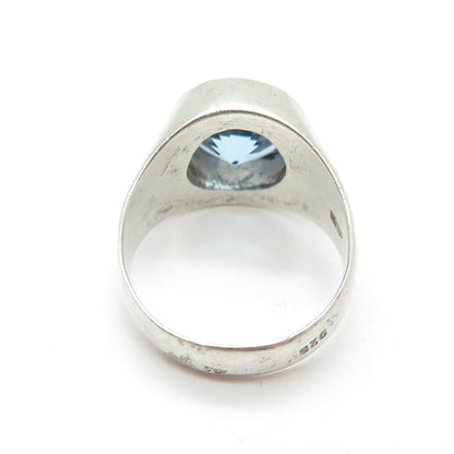 925 Sterling Silver Vintage Real Round-Cut Blue Topaz Modernist Ring Size 10