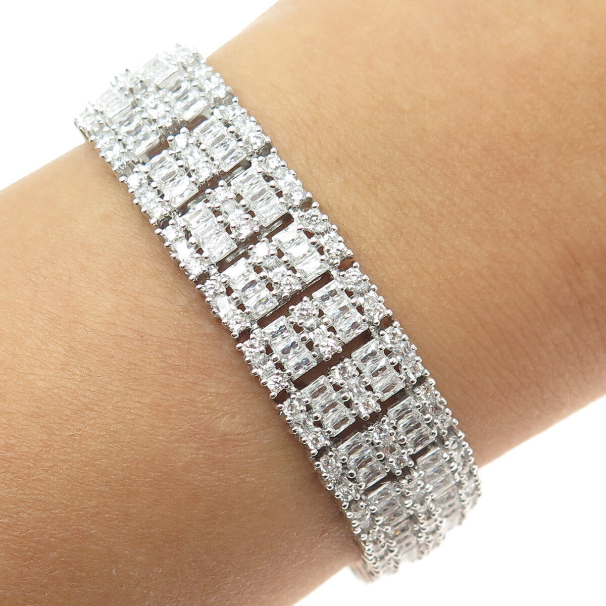 925 Sterling Silver Round & Baguette-Cut C Z Sparkle Link Bracelet 7.5"