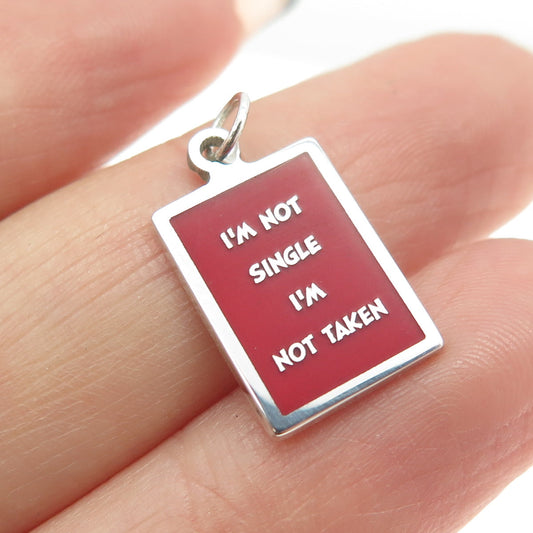 925 Sterling Silver Red Enamel "I'm Not Single I'm Not Taken" Minimalist Pendant