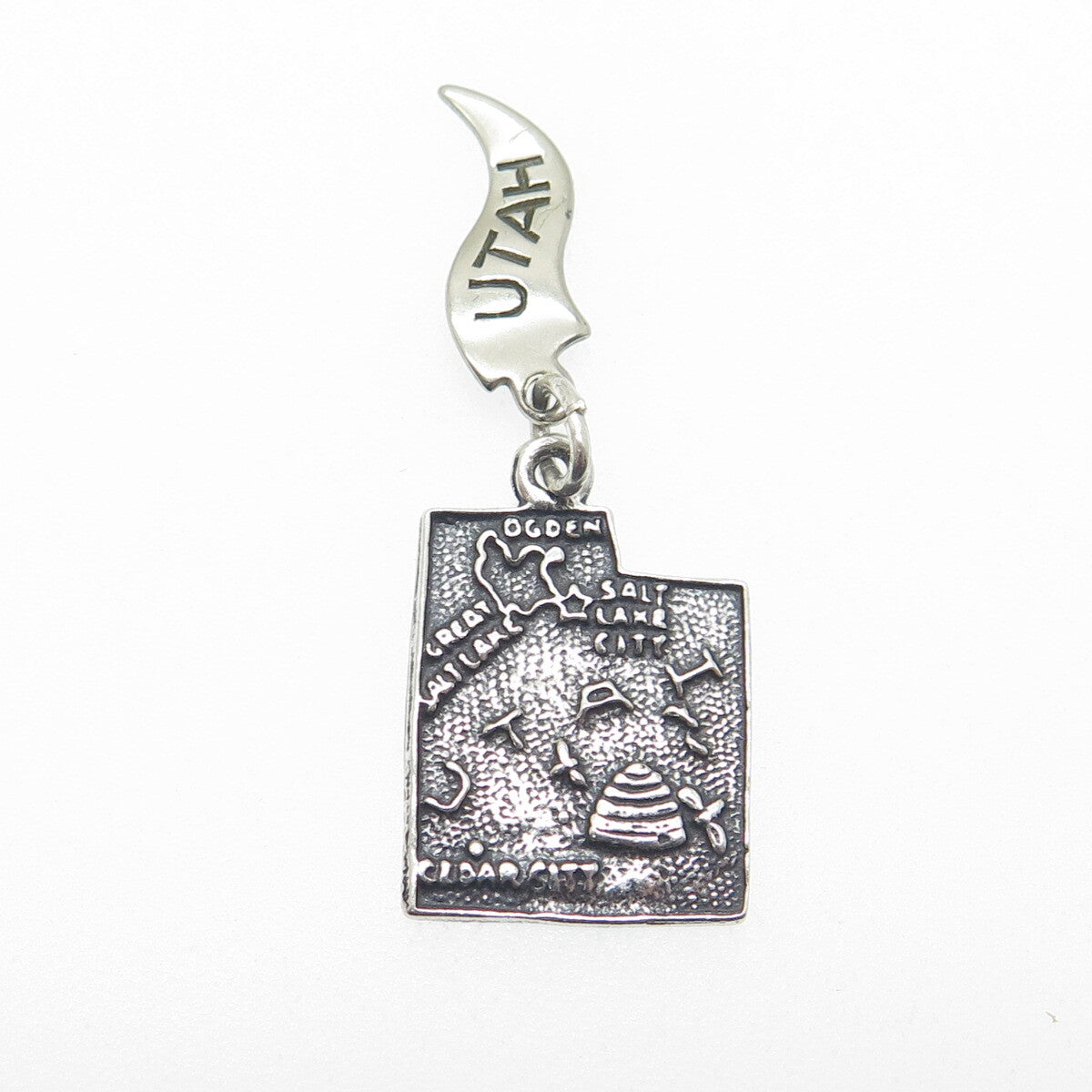 925 Sterling Silver Vintage Utah State Map Oxidized Minimalist Charm Pendant