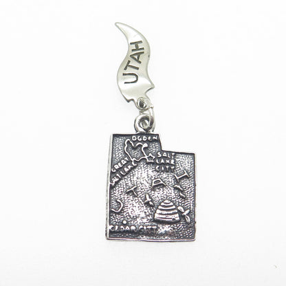 925 Sterling Silver Vintage Utah State Map Oxidized Minimalist Charm Pendant