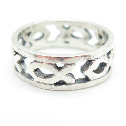 925 Sterling Silver Vintage Ichthys All Around Religious Band Ring Size 8.25