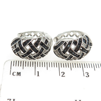 925 Sterling Silver Round-Cut Black C Z Woven Hoop Earrings