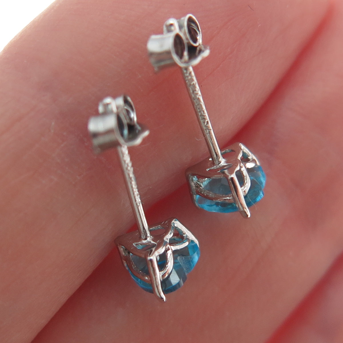 925 Sterling Silver Heart-Cut Blue C Z Stud Earrings