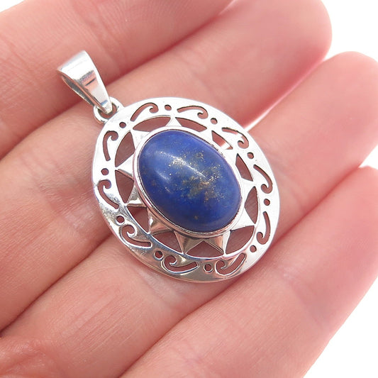925 Sterling Silver Vintage Real Lapis Lazuli Ornate Sun Charm Pendant