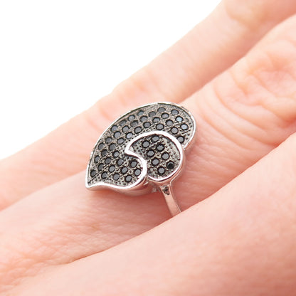 925 Sterling Silver Round-Cut Black C Z Double Heart Ring Size 5.5