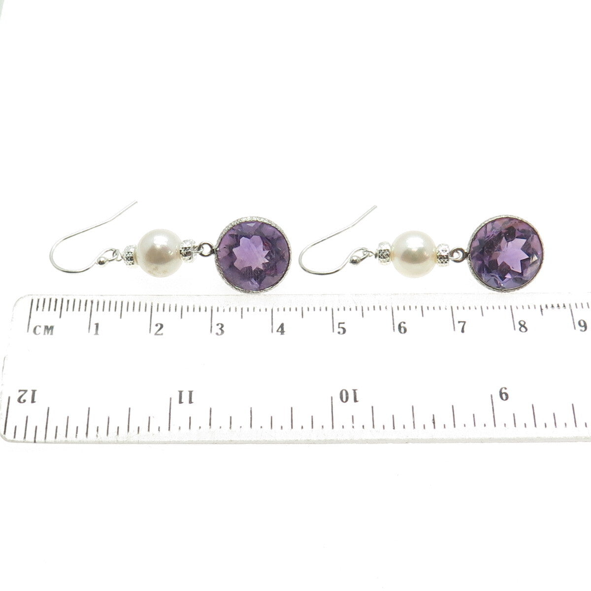 925 Sterling Silver Checkered Amethyst Gem & Faux Pearl Dangle Hook Earrings
