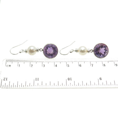 925 Sterling Silver Checkered Amethyst Gem & Faux Pearl Dangle Hook Earrings