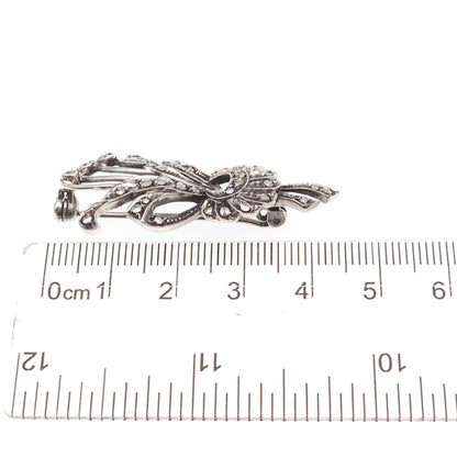 835 Silver Antique Art Deco Real Marcasite Floral Oxidized Pin Brooch