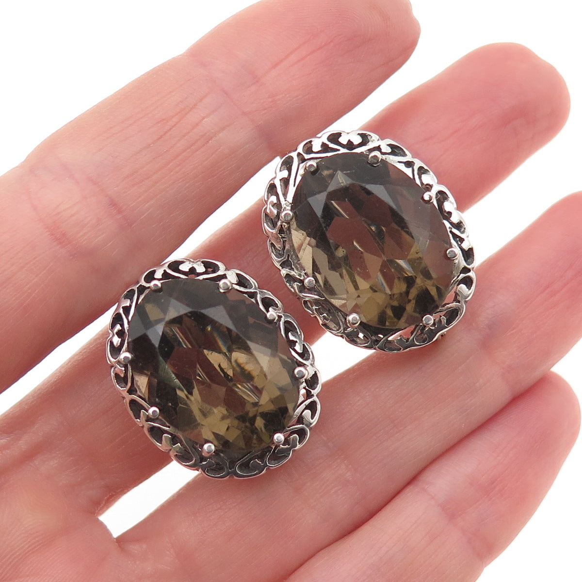 925 Sterling Silver Vintage Real Smoky Quartz Heart Ornate Bezel Earrings